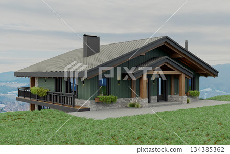 Private chalet-style house in green and stone in the mountains 134385362