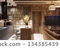Living room with stone in an ethnic style interior in a mountainous area 134385439