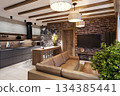 Living room with stone in an ethnic style interior in a mountainous area 134385441