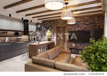 Living room with stone in an ethnic style interior in a mountainous area 134385441
