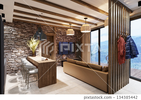 Living room with stone in an ethnic style interior in a mountainous area Living room with stone in an ethnic style interior in a mountainous area 134385442