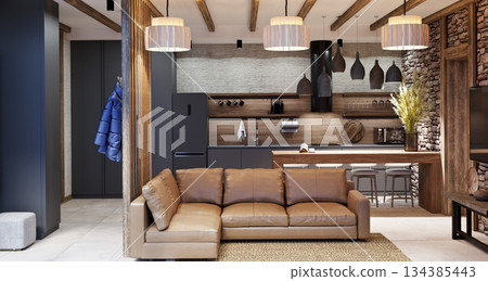Living room with stone in an ethnic style interior in a mountainous area 134385443