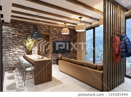 Living room with stone in an ethnic style interior in a mountainous area Living room with stone in an ethnic style interior in a mountainous area 134385444