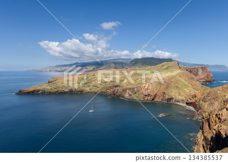 Coastal panorama of Ponta de Sao Lourenco in Madeira with rugged cliffs green slopes and Atlantic 134385537