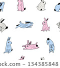 Cute Cartoon Seamless Pattern with Pink, Blue, and Grey Rabbits and Hares. Ideal for Kids' Apparel, Nursery Fabric, Wrapping Paper 134385848