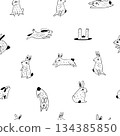 Cute Seamless Pattern with Hand Drawn Doodle Style Rabbits and Bunnies on White Background. 134385850