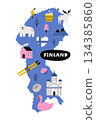 Cute Finland Map with Nordic Icons. Scandinavian Vector Illustration for Posters and Travel Prints 134385860