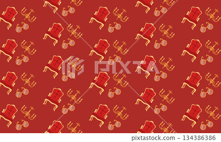 Seamless theatre pattern with stage chair, chandelier and opera glasses, classic performance background illustration 134386386