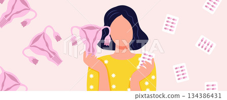 Women health illustration banner about menstruation, woman holding uterus and pain relief pills on pink background, period care and gynecology concept Women health illustration banner about menstruation, woman holding uterus and pain relief pills on pink background, period care and gynecology concept 134386431