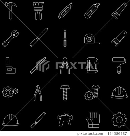 This image is a comprehensive grid of approximately twenty minimalist line art icons featuring various construction, repair, and DIY hand tools. Rendered in thin white lines against a black background 134386587