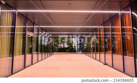 Modern office building in city center illuminated at night. Rows of lit windows against the architectural grid of a modern facade. Concrete and glass facade in its night version. Modern office building in city center illuminated at night. Rows of lit windows against the architectural grid of a modern facade. Concrete and glass facade in its night version. 134386605