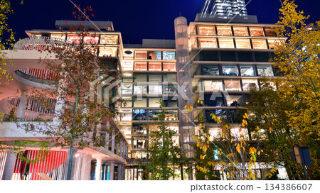 Modern office building in city center illuminated at night. Rows of lit windows against the architectural grid of a modern facade. Concrete and glass facade in its night version. Modern office building in city center illuminated at night. Rows of lit windows against the architectural grid of a modern facade. Concrete and glass facade in its night version. 134386607