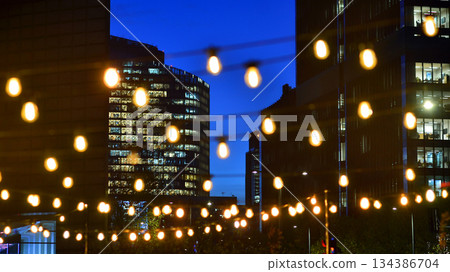 In night the foreground abstract blurred garlands. In the background modern glass office building. Rows of lit windows out the architectural grid of a modern facade. In night the foreground abstract blurred garlands. In the background modern glass office building. Rows of lit windows out the architectural grid of a modern facade. 134386704