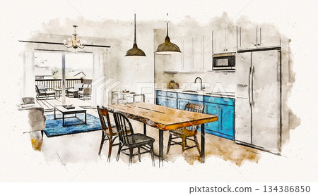 Modern and stylish living, dining and kitchen interior design in watercolor style Modern and stylish living, dining and kitchen interior design in watercolor style 134386850