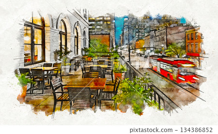 Watercolor illustration of a cafe terrace in the city with a red bus running Watercolor illustration of a cafe terrace in the city with a red bus running 134386852