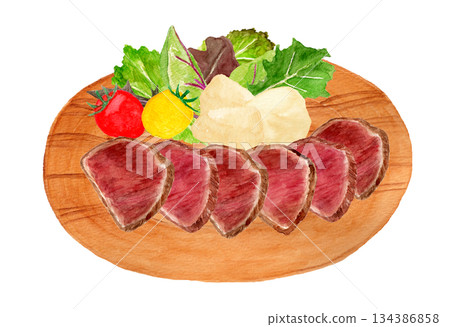 Hand-drawn watercolor illustration of plated roast beef and garnishes Hand-drawn watercolor illustration of plated roast beef and garnishes 134386858