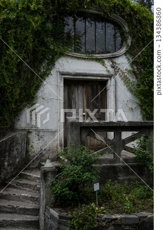 old house in the garden is overgrown with vines. Botanical Garden in Georgia old house in the garden is overgrown with vines. Botanical Garden in Georgia 134386860