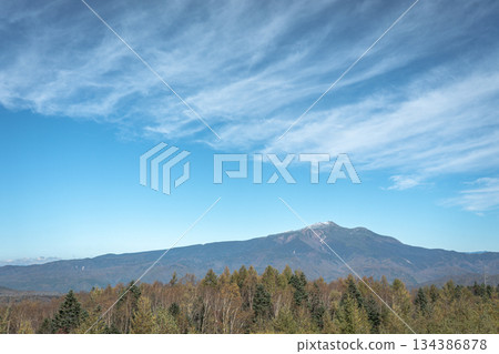 Mt. Ontake and autumn leaves in Takayama City, Gifu Prefecture 134386878