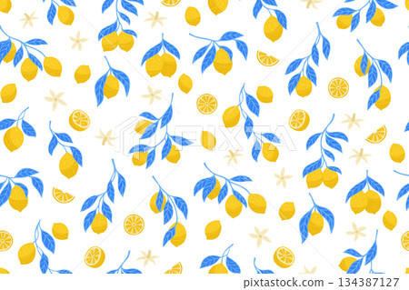Lemons bright seamless pattern different fruits citrus blossom branches boundless background 134387127