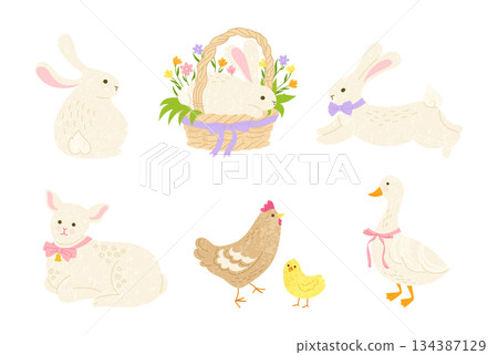 Happy Easter comic animal characters vector set cartoon bunny hare chicken chick goose lamb vector 134387129