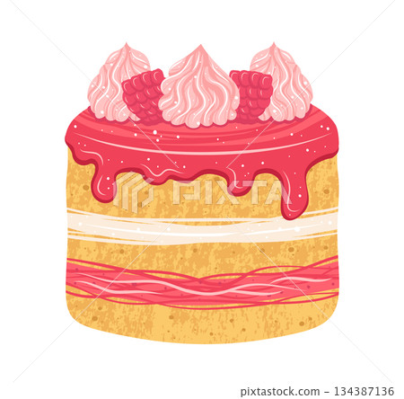 Cake with raspberry and dripping glaze texture cartoon illustration bakery pie art vector design 134387136