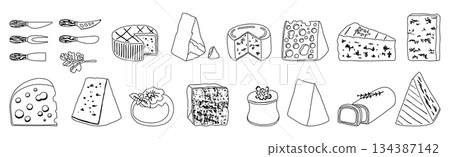 Cheese illustration cartoon hand drawn line set contour vector coloring book cheese doodle design 134387142