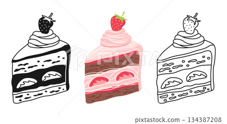Piece of Cake strawberry dripping glaze texture symbol cartoon set linear doodle icon vector art 134387208