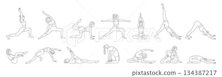 Women do yoga Pilates exercises line set healthy slim young woman wellness sport lifestyle vector 134387217