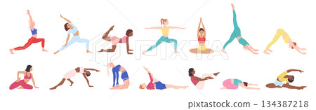 Women do yoga and Pilates exercises cartoon set ethnically diverse healthy wellness lifestyle vector 134387218