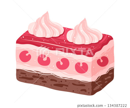 Piece of Cake with sponge cake cream and cherries texture cartoon illustration bakery pie vector art 134387222