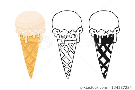 Ice cream symbol cartoon set cream scoop of melting ice cream illustration linear doodle icon sign Ice cream symbol cartoon set cream scoop of melting ice cream illustration linear doodle icon sign 134387224