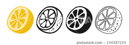 A half of lemon Cartoon style slices symbol cartoon set bright fresh vector sign icon design art A half of lemon Cartoon style slices symbol cartoon set bright fresh vector sign icon design art 134387233