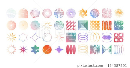 Colorful geometric shapes, modern grunge symbols. Simple primitive elements and forms, distressed details. Retro design, aged, vintage, trendy contemporary minimalist style, y2k. Vector illustration Colorful geometric shapes, modern grunge symbols. Simple primitive elements and forms, distressed details. Retro design, aged, vintage, trendy contemporary minimalist style, y2k. Vector illustration 134387291