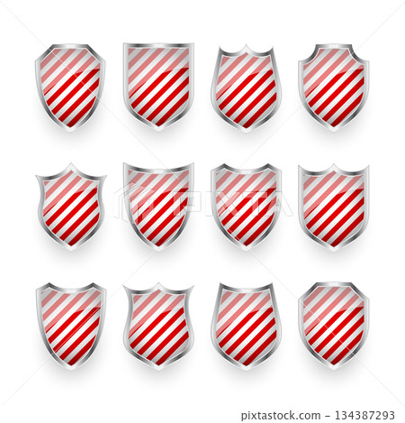 Glossy shields with red and black white. Security and protection concept. Cyber safety icons, internet privacy, web defense, digital data protection and antivirus themes. Vector illustration 134387293