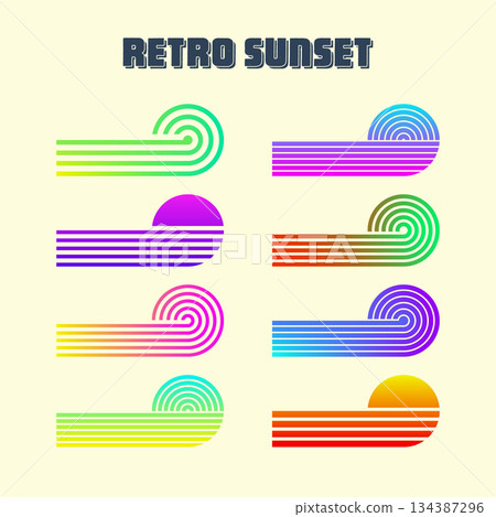 Vintage colorful sunset. Various gradient striped sunrise badges in 80s and 90s style. Sun and ocean view, summer vibes, surfing. Design element for print, logo or t-shirt. Vector illustration 134387296