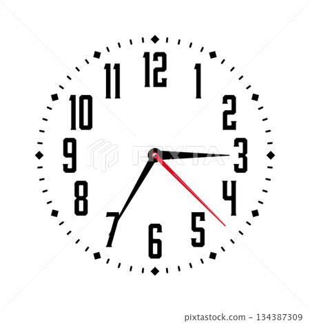 Mechanical clock face with arabic numerals, bezel. Watch dial with minute, hour marks and numbers. Timer or stopwatch element. Blank measuring circle scale with divisions. Vector illustration Mechanical clock face with arabic numerals, bezel. Watch dial with minute, hour marks and numbers. Timer or stopwatch element. Blank measuring circle scale with divisions. Vector illustration 134387309