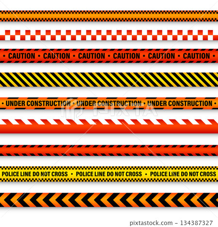 Barricade construction tape. Colorful police warning line, brightly colored danger or hazard stripe, ribbon. Restricted area, zone. Attention symbol. Vector illustration 134387327