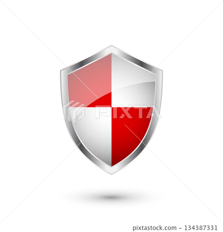Glossy shield with red and black pattern. Security and protection concept. Cyber safety icons, internet privacy, web defense, digital data protection and antivirus themes. Vector illustration Glossy shield with red and black pattern. Security and protection concept. Cyber safety icons, internet privacy, web defense, digital data protection and antivirus themes. Vector illustration 134387331