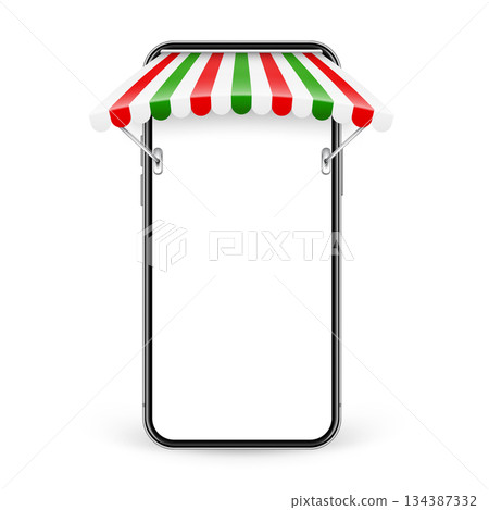 Smartphone with shop sunshade, metal mount, online internet shopping. Realistic striped cafe awning. Outdoor market tent. Roof canopy in Italian flag colors. Summer street store. Vector illustration 134387332