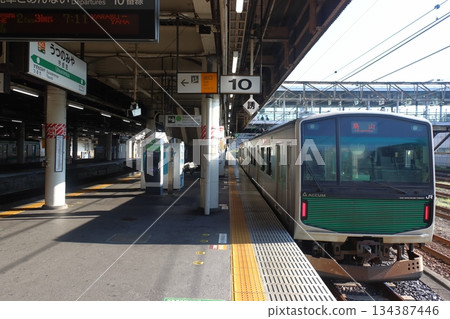 一列烏山線直達列車（EV-E301系列蓄能型列車）停靠宇都宮站。 134387446