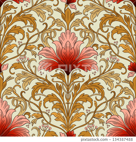 Art Nouveau Seamless Pattern With Vintage Iris Flowers And Antique Ornamental Leaves 134387488