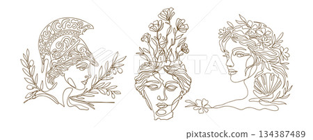 Greek Goddess Antique Mythology Athena Demeter Aphrodite Vector Set Line Art 134387489