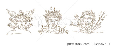 Greek Goddess Antique Mythology Ole Line Hermes Dionysus Poseidon Vector Set Line Art Greek Goddess Antique Mythology Ole Line Hermes Dionysus Poseidon Vector Set Line Art 134387494
