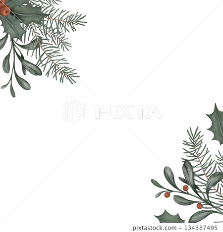 Square frame with hand drawn illustration of green branch of fir tree and holly with red berry. Postcard for New year or Christmas design in muted tones Square frame with hand drawn illustration of green branch of fir tree and holly with red berry. Postcard for New year or Christmas design in muted tones 134387495