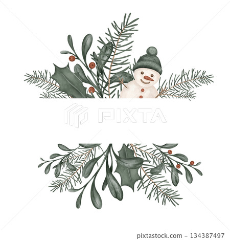 Watercolor Christmas or new year wreath with fir branches and place for text. Illustration for greeting cards with and invitations with snowman. Tree branches and red berry of ilex. Watercolor Christmas or new year wreath with fir branches and place for text. Illustration for greeting cards with and invitations with snowman. Tree branches and red berry of ilex. 134387497