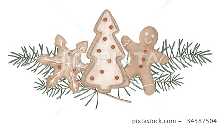 Christmas composition with fir tree and new year cookies beige gingerbread man decorated with colorful icing and fir tree and snowflake. Festive holiday decorations of Christmas illustration 134387504