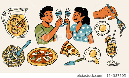 Couple Toasting Italian Food In Sketch Retro Doodle Celebration Style Vector Set Couple Toasting Italian Food In Sketch Retro Doodle Celebration Style Vector Set 134387505