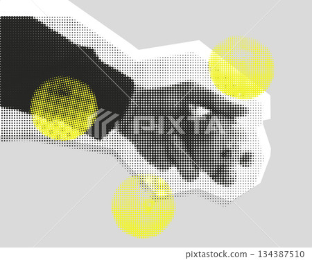Halftone Vector Hand Holding Orange Modern Abstract Illustration In Contemporary Pop Art Style 134387510
