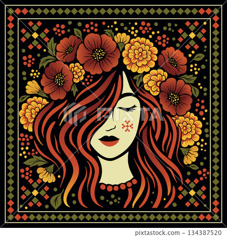 Ukrainian Style Girl In Floral Wreath Vector Illustration For Scarf Poster Or Folk Design Print Ukrainian Style Girl In Floral Wreath Vector Illustration For Scarf Poster Or Folk Design Print 134387520
