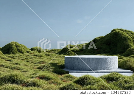 Abstract 3d render platform and mockup natural background, Stone podium on the grass field backdrop meadow mountain for product stand display, advertising or etc Abstract 3d render platform and mockup natural background, Stone podium on the grass field backdrop meadow mountain for product stand display, advertising or etc 134387523